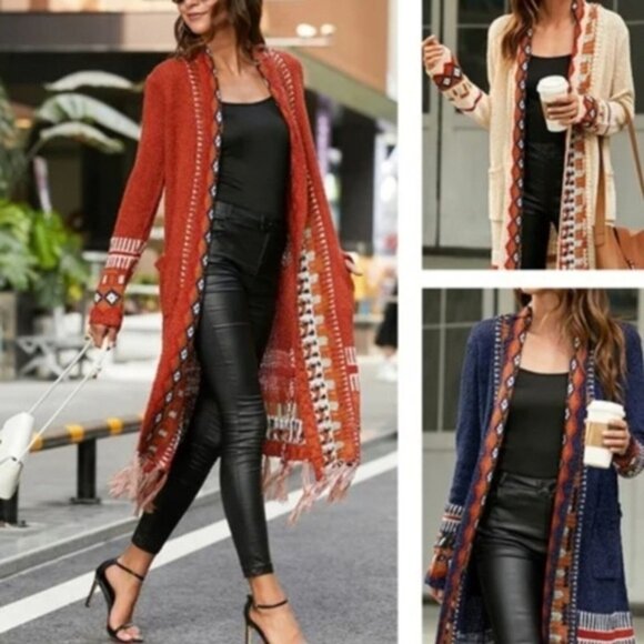 Size L Bohemian Knit Long Sweater Duster fringed Cardigan Brick Red With Pockets - Picture 7 of 16